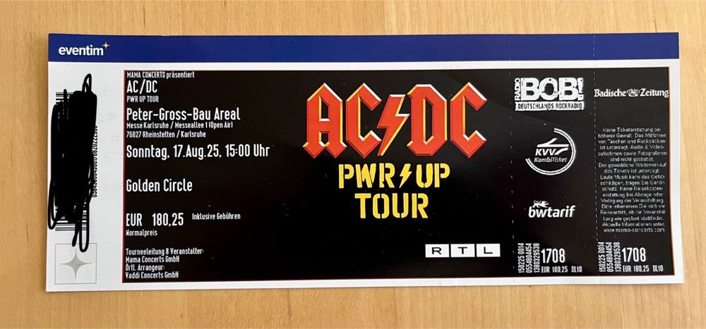 1 AC/DC Ticket Karlsruhe, Golden Circle, Front of stage (Neu und ...