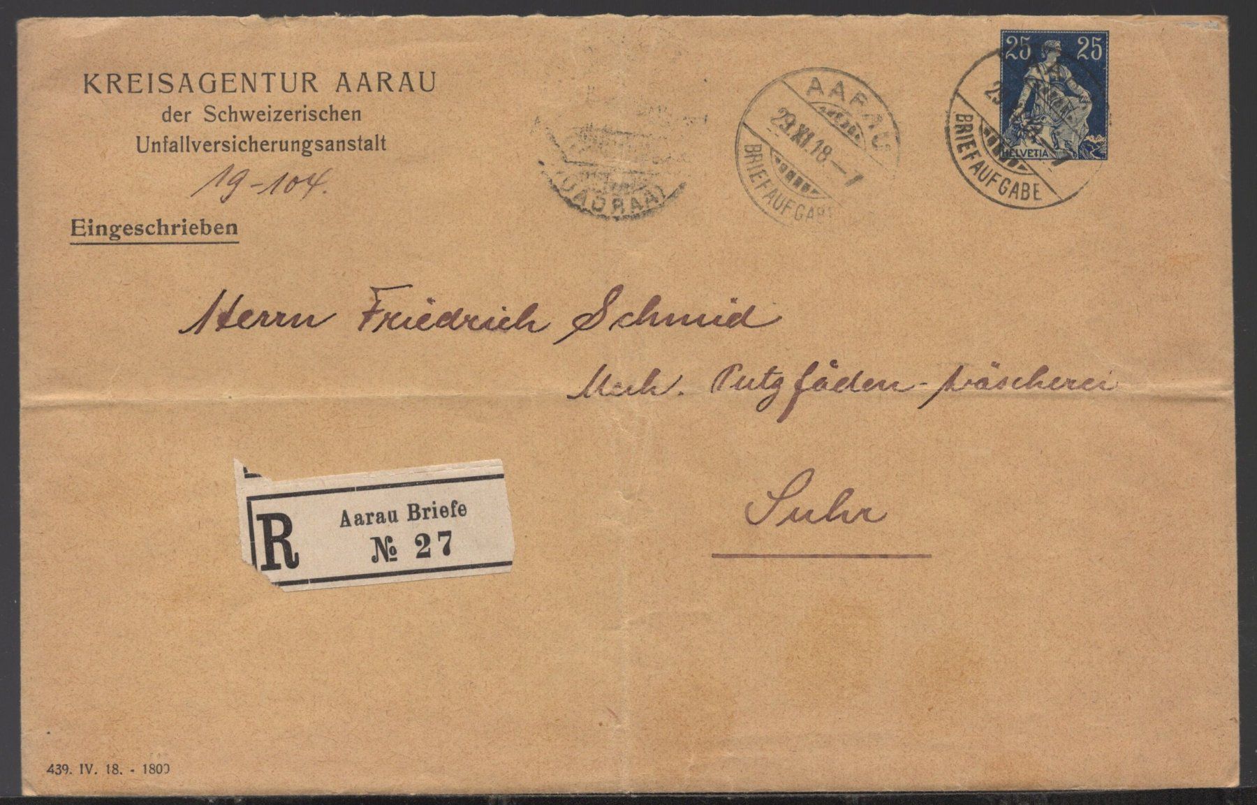 Tous les timbres: AARAU 29.XI.18  R - Brief – D'occasion à Aarau par kufi44