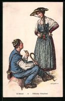 Gruyères, Mann und Frau in Trachtenklei