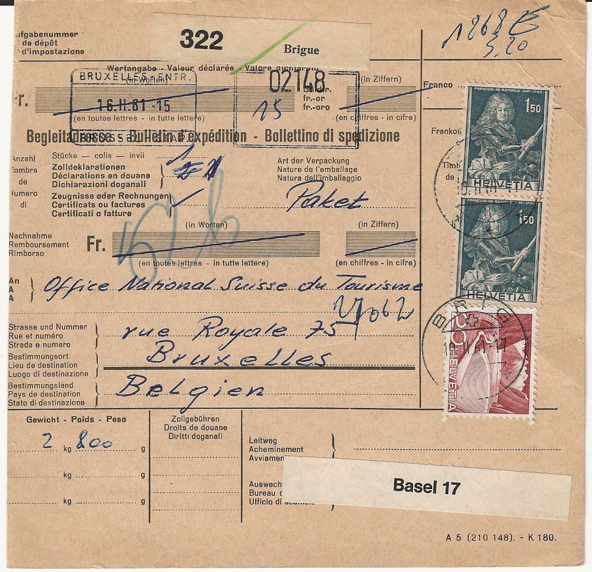 Tutti i francobolli: Begleitadresse, 1961, Brig über Basel 17 – Usato da Basel venduto da Bingis