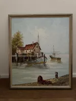 Ölgemälde Fischerdorf am Meer, gerahmt
