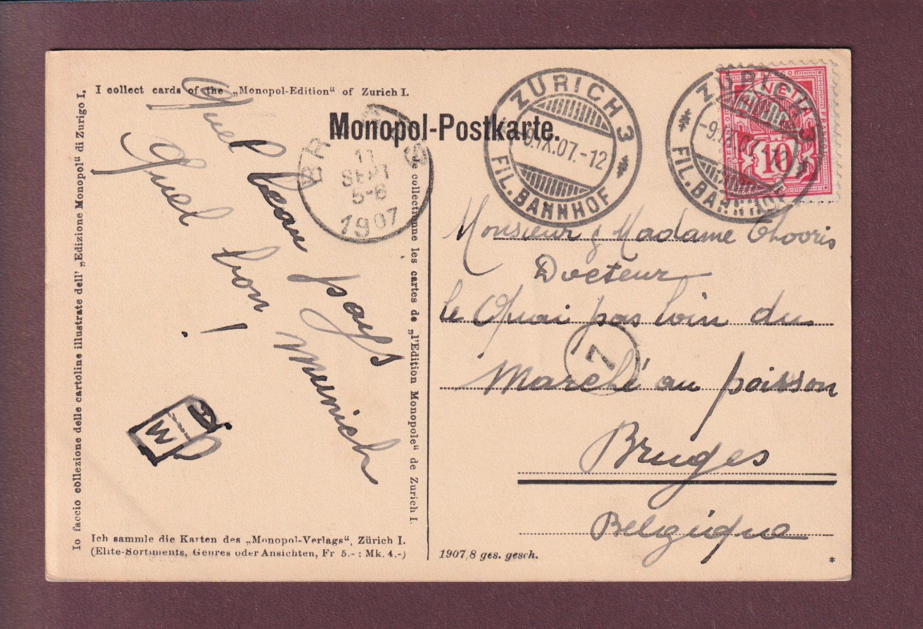 Cartoline postali: ZÜRICH - Limmatquai - Tram - 1907 – Usato da Pully venduto da nicecards 1