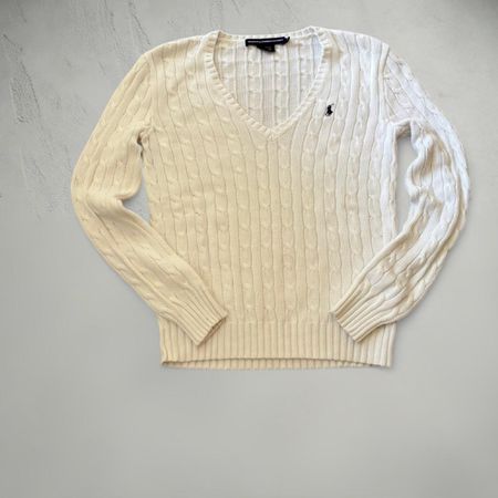 Pullover Ralph Lauren Zopfstrick V-Ausschnitt Weiss Grösse M