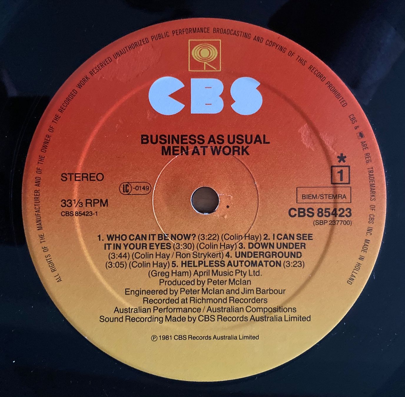 Vinyles: MEN AT WORK - BUSINESS AS USUAL – D'occasion à Poliez-Pittet par Newtown-Records 3