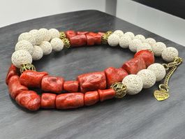 Unikat 💎 Halskette aus rotem Korallenschaum und weißer Lava