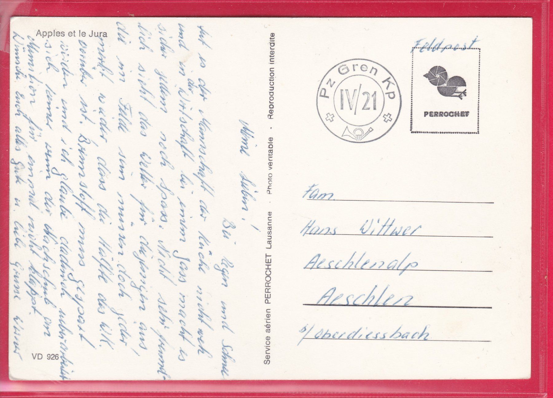 Cartoline postali: APPLES ET LE JURA, FELDPOST – Usato da Oberrieden venduto da Gebirgsstelze 1