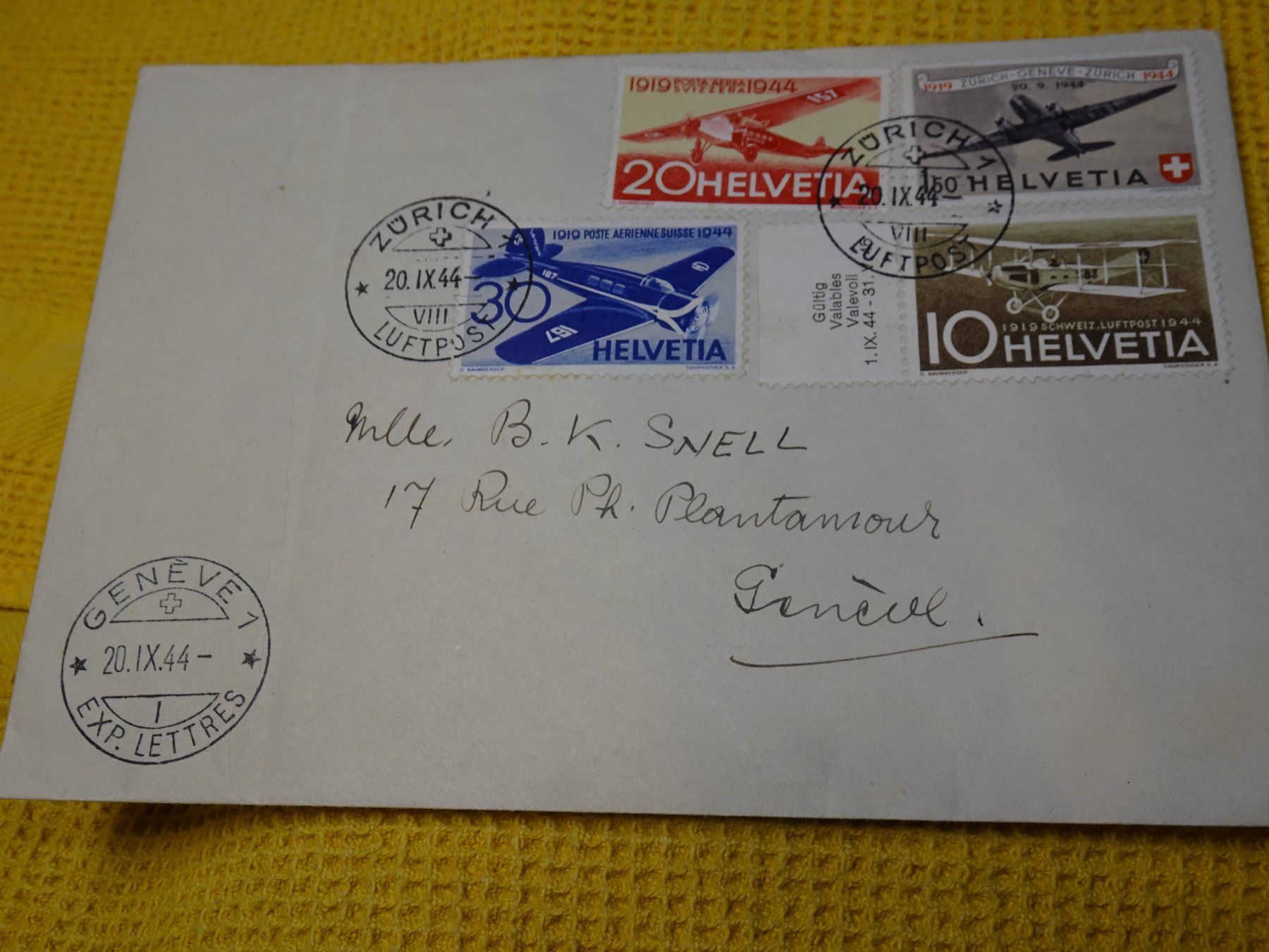 Alle Briefmarken: 20.IX.44 FLUGPOSTBRIEF GENEVE. SATZBRIEF MIT JUBILÄUM – Gebraucht aus Eschenbach SG von eDaisy