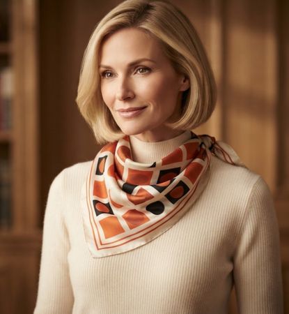 Foulard en soie motif géométrique orange beige 