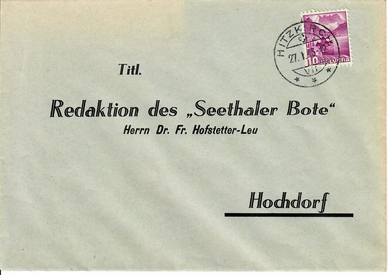 Tutti i francobolli: Brief, Redaktion des Seethaler Bote 1943 – Usato da Hochdorf venduto da Ziegel-16