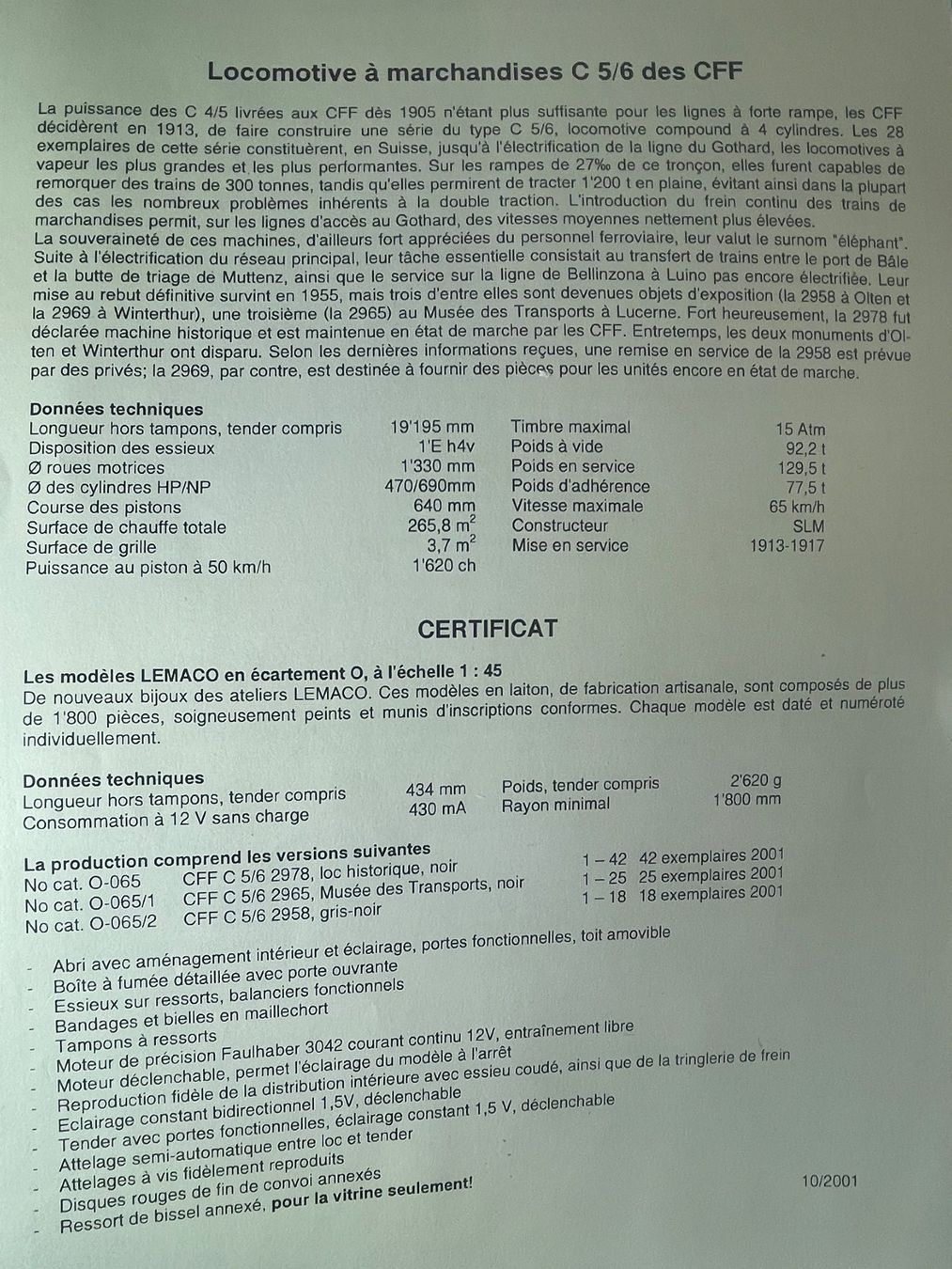 Lemaco Modellini di ferrovie: Lemaco C 5/6, 2978, Spur 0 – Nuovo e nell'imballaggio originale da Krummenau venduto da ferrotech 8