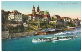 AK Basel, Münster mit Pfalz, Dampfschiff