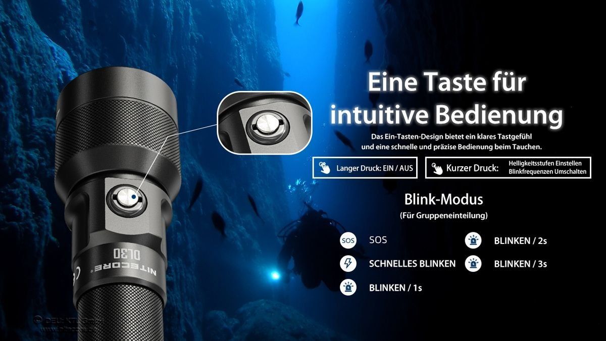 NiteCore Lampade: Nitecore Tauchlampe DL30 - 100 Meter wasserdicht – Nuovo e nell'imballaggio originale da Grüningen venduto da Prolumin 4