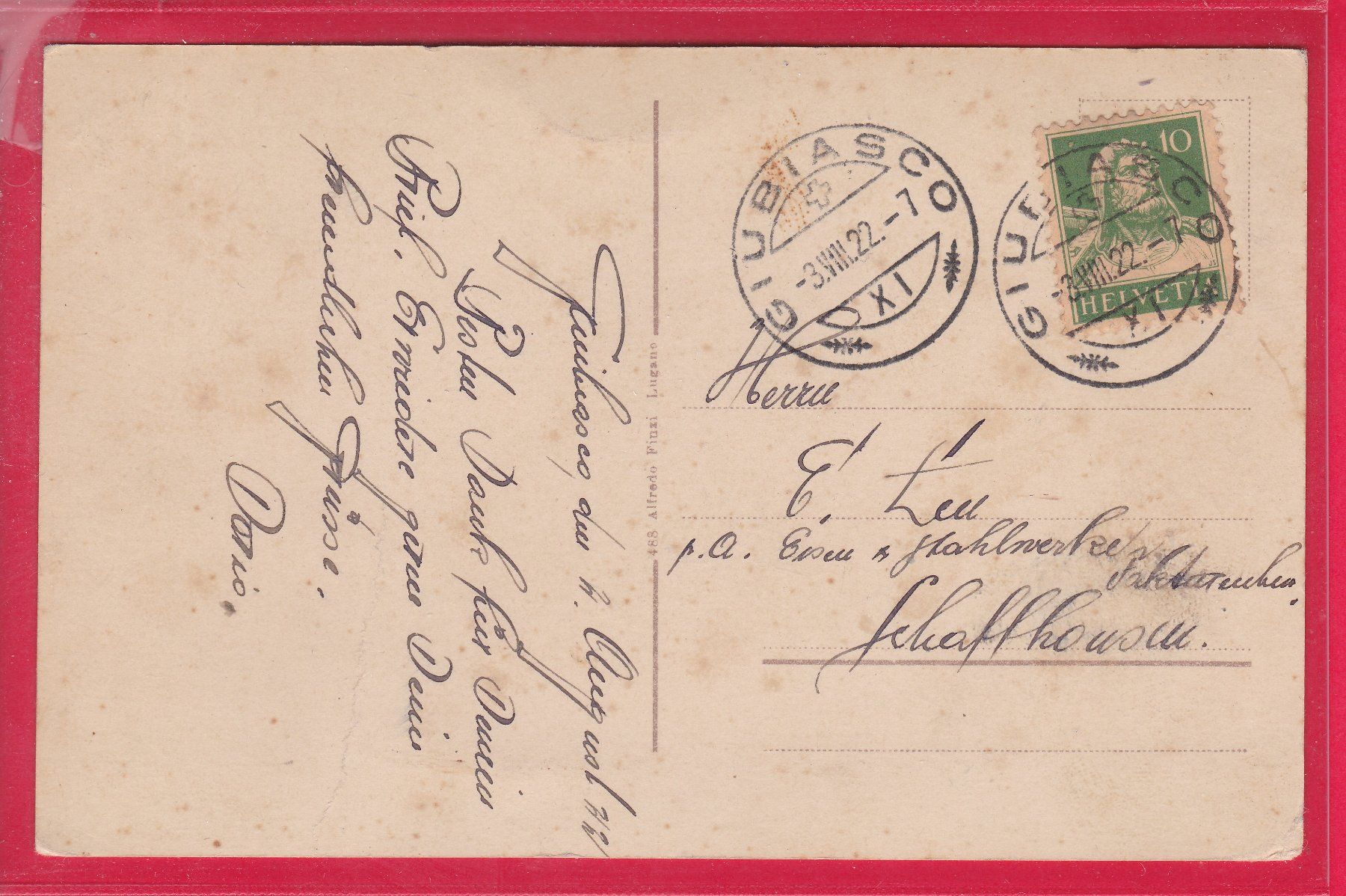 Cartes postales: GIUBIASCO - PANORAMA, 3.8.1922 – D'occasion à Oberrieden par Gebirgsstelze 1