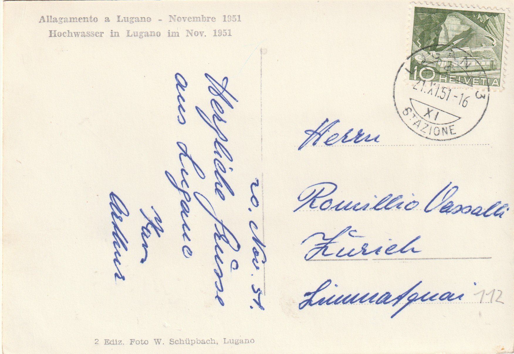 Cartoline postali: Lugano Hochwasser 1951 – Usato da Rorschacherberg venduto da fratovi2 1