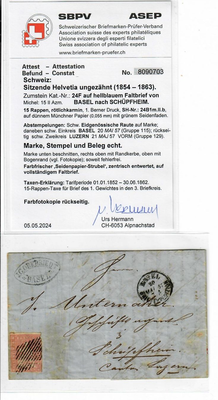 Alle Briefmarken: 24F auf Brief Basel - Schüpfheim mit Attest – Gebraucht aus Hochdorf von Ziegel-16