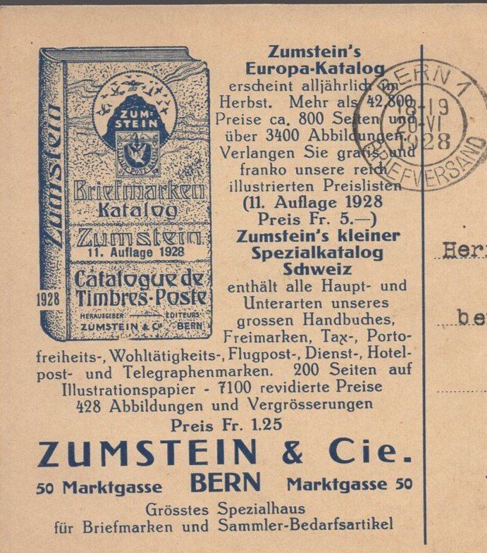 Tutti i francobolli: Zunstein & Cie. BERN 20.VI.1928 – Usato da Aarau venduto da kufi44 1