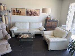 Ledersofa 3-Sitzer weiss mit Sessel, gebraucht