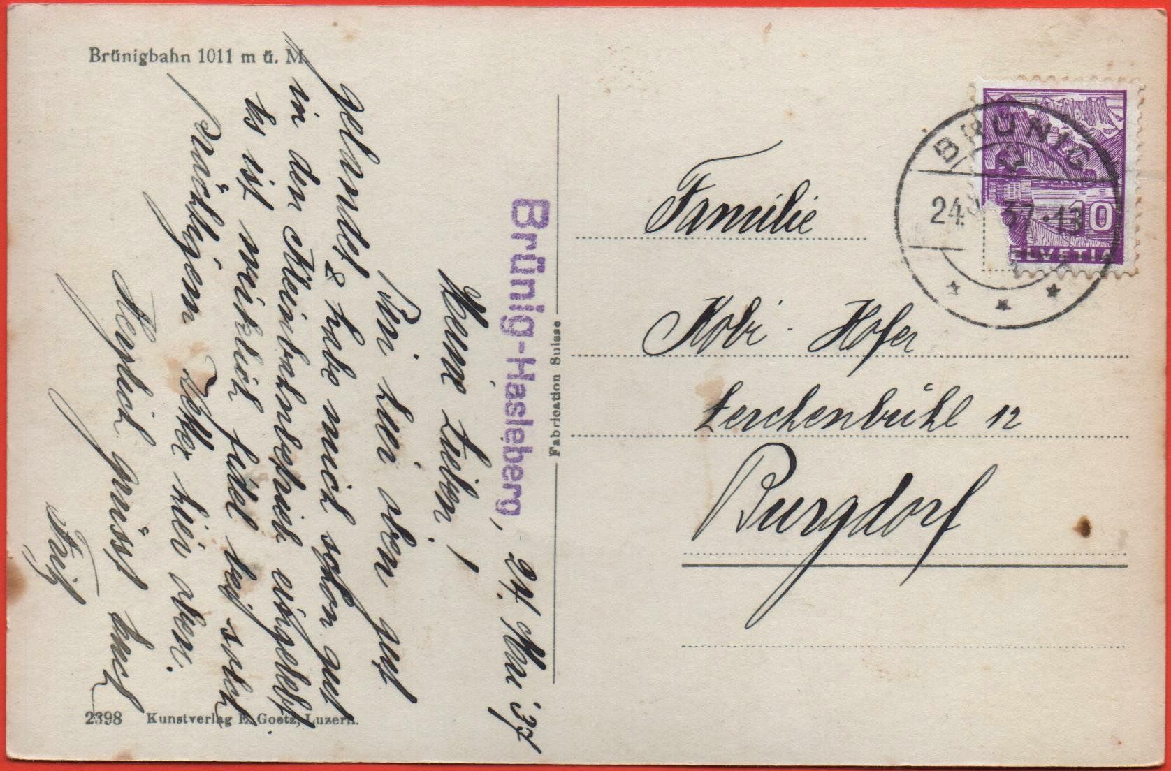 Cartoline postali: BRÜNIGBAHN Stempel Brünig-Hasleberg – Usato da Jona venduto da philajona 1