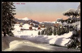 AK Arosa, Verschneite Ortsansicht mit See und Tannen