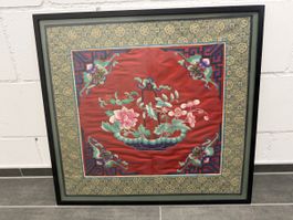 Chinesische Suzhou Seidenstickerei, Blumenkorb, gerahmt