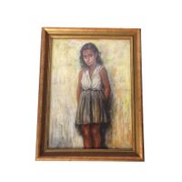 Vintage Gemälde von W. Metz (1946) Mädchen in Pastellkreide