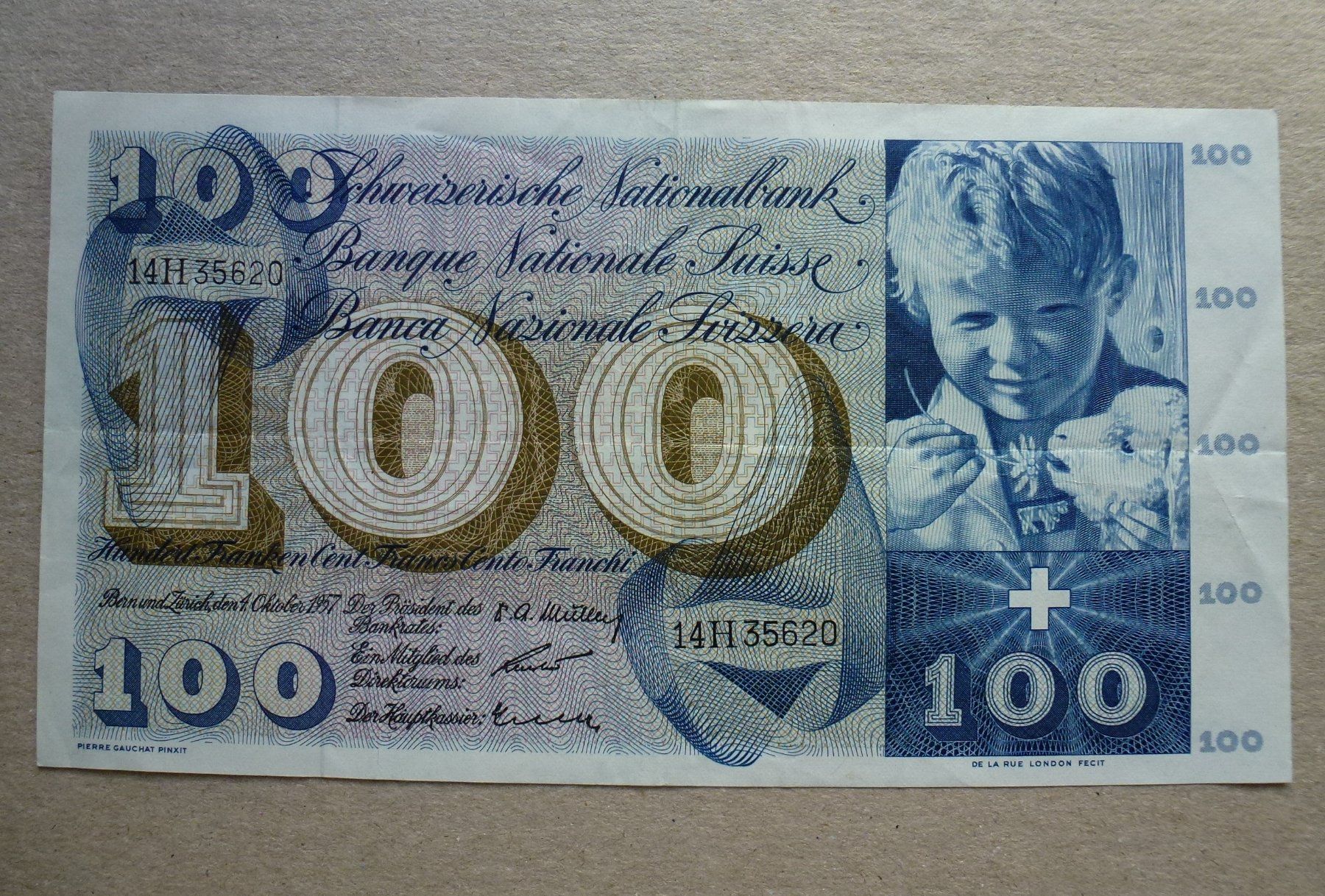 Banknoten: Schweiz ++ 100 Franken 4. Oktober 1957 – Gebraucht aus Walkringen von Casablanca777