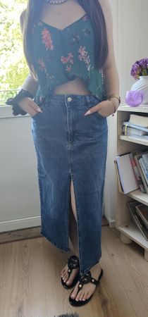 Summer denim maxi skirt with front slit, size 42