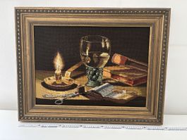 Gobelin Bild Kerzenweinglas BÃ¼cher gerahmt ca. 59x49cm