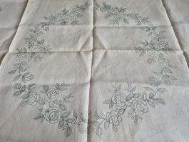 Vintage Tischdecke Leinen mit Rosenmuster zum sticken