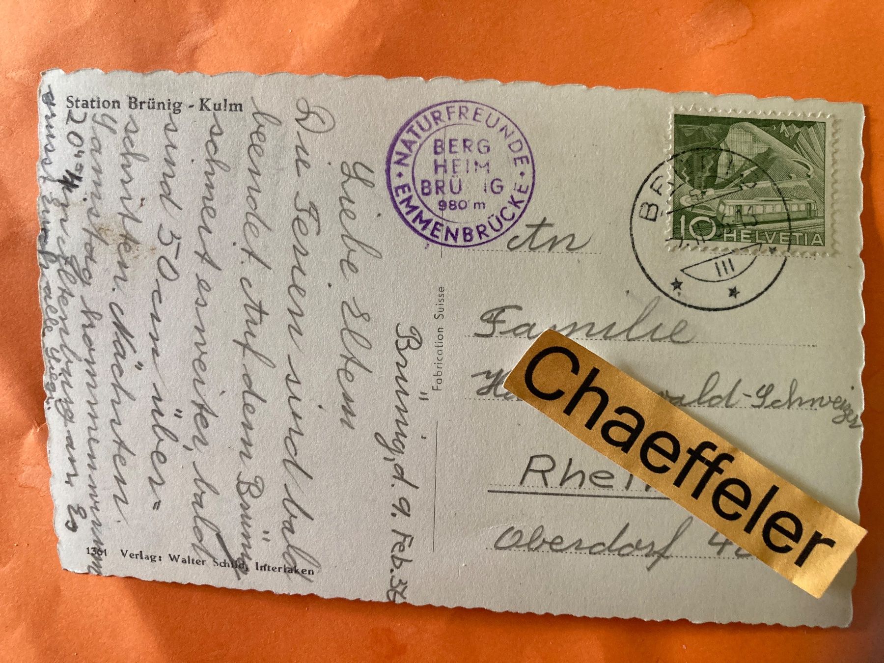 Cartoline postali: 1956 Station Brünig - Kulm – Usato da Zürich venduto da Chaeffeler 1