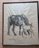 Kohlezeichnung Pferd mit Fohlen–signiert „Heer 82"–Original