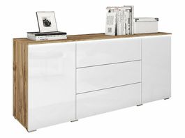 Sideboard 180 cm weiss mit Eichenplatte, 4 Schubladen