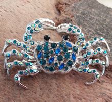 Hübsche Brosche Krabbe Krebs mit Strass blau grün