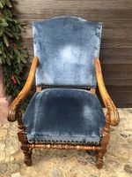 Sessel Armlehnen Antik, Samt Blau, Holz Geschnitzt