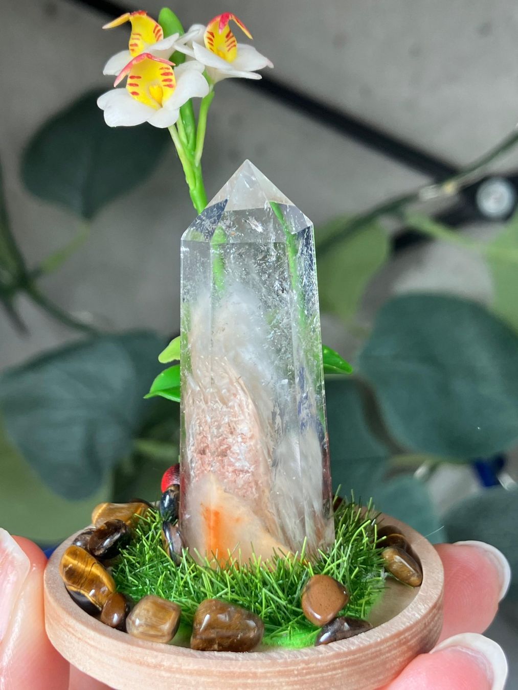 Minerali & Pietre curative: Quarz mit "Hasenhaar"-Rutil,  mit Tigerauge in Glaskruppel – Nuovo e nell'imballaggio originale da Neuheim venduto da m.hald