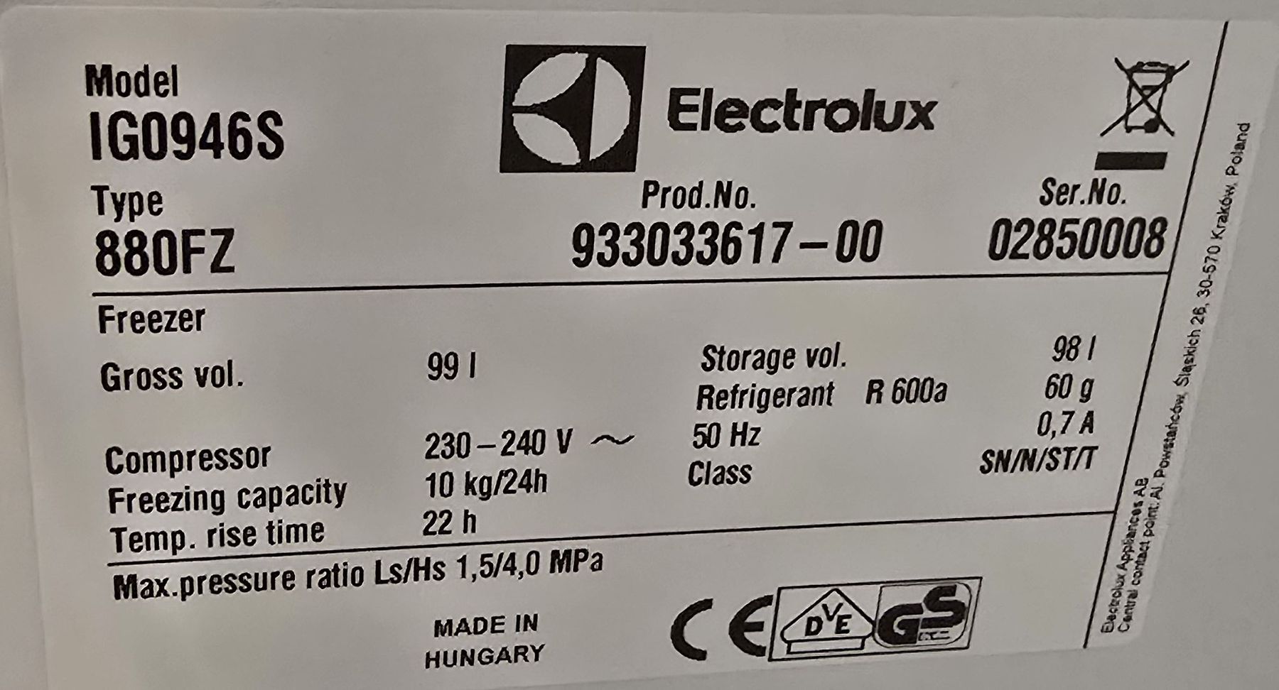 Gefrierschrank: Electrolux Einbau-Gefrierschrank IG0946S 98l – Gebraucht aus Stettfurt von Brambilla_II 2