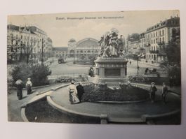 AK Basel Strassburger Denkmal mit Bundesbahnhof Tram RZ