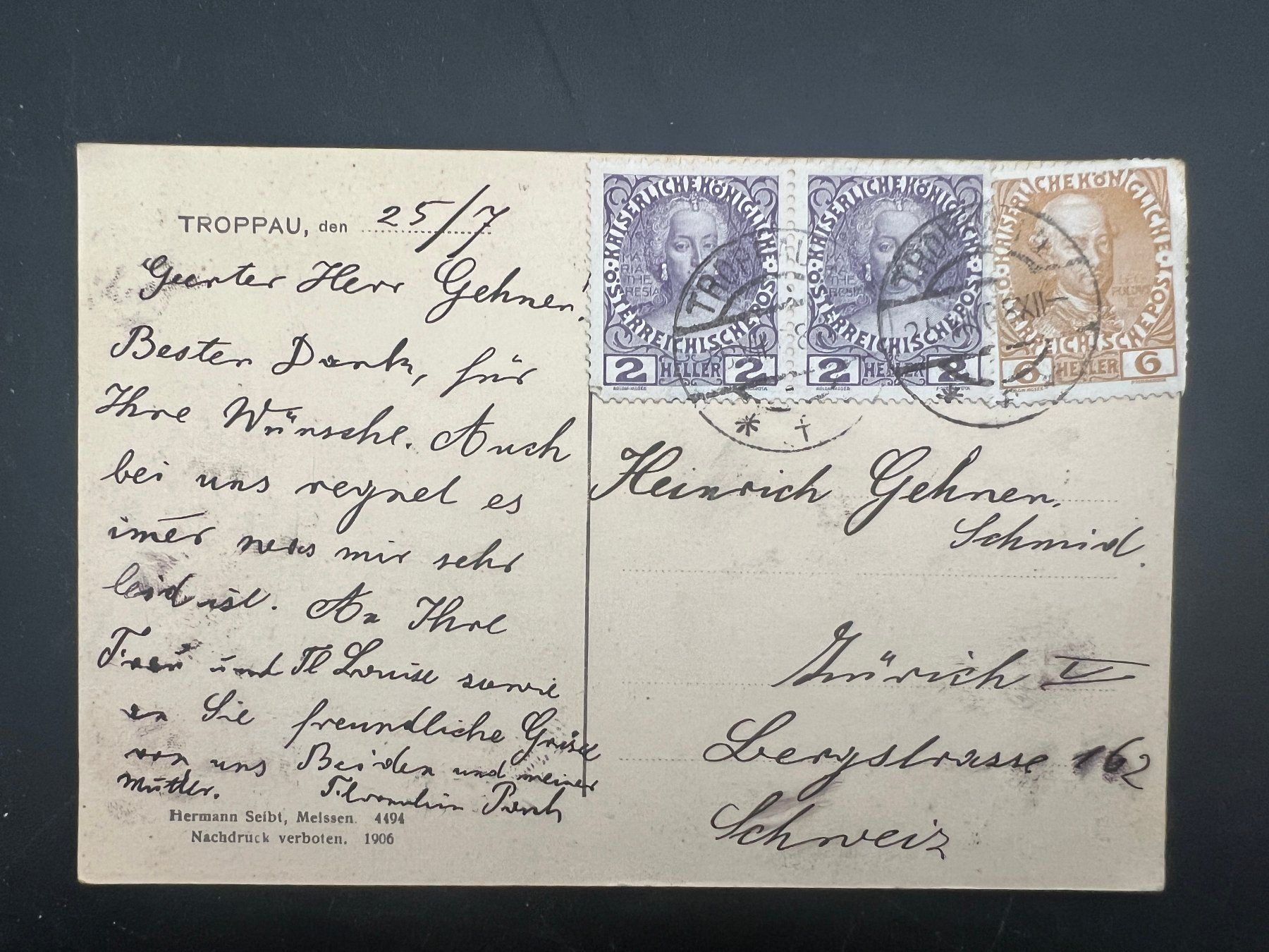Cartoline postali: AK 1907 Troppau   (G749) – Usato da Hinwil venduto da Sidi4 1