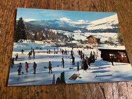Winterliche Ansichtskarte von Flims mit Eisbahn, alt!