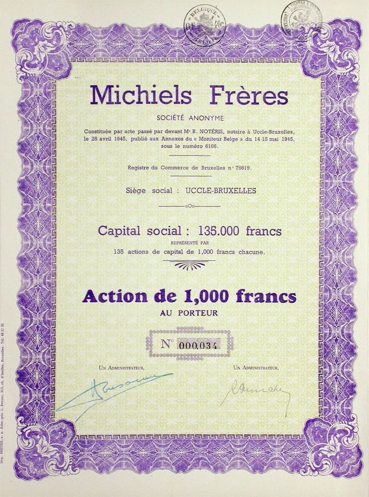 Documenti: Michiels Frères SA, Uccle - 1945 – Usato da Solothurn venduto da Sgasche