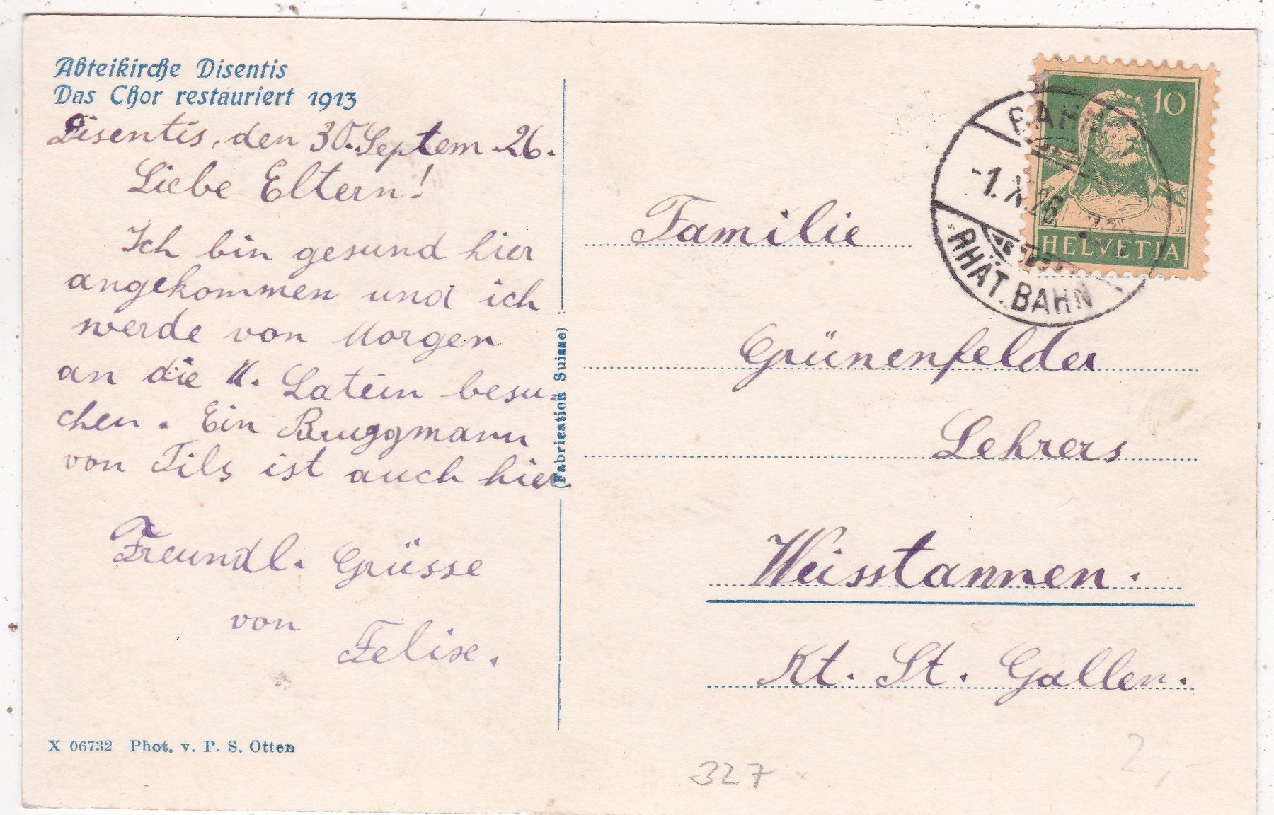 Cartoline postali: Disentis Abteikirche Chor 1926 – Usato da Herisau venduto da Lisegrat2008 1