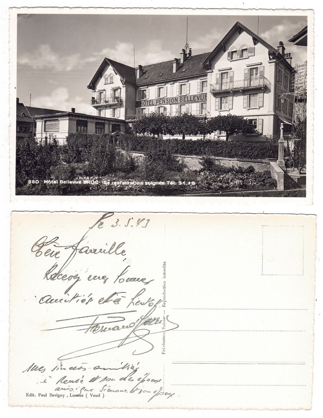 Cartoline postali: Broc, Hôtel Bellevue – Usato da La Tour-de-Peilz venduto da amjust