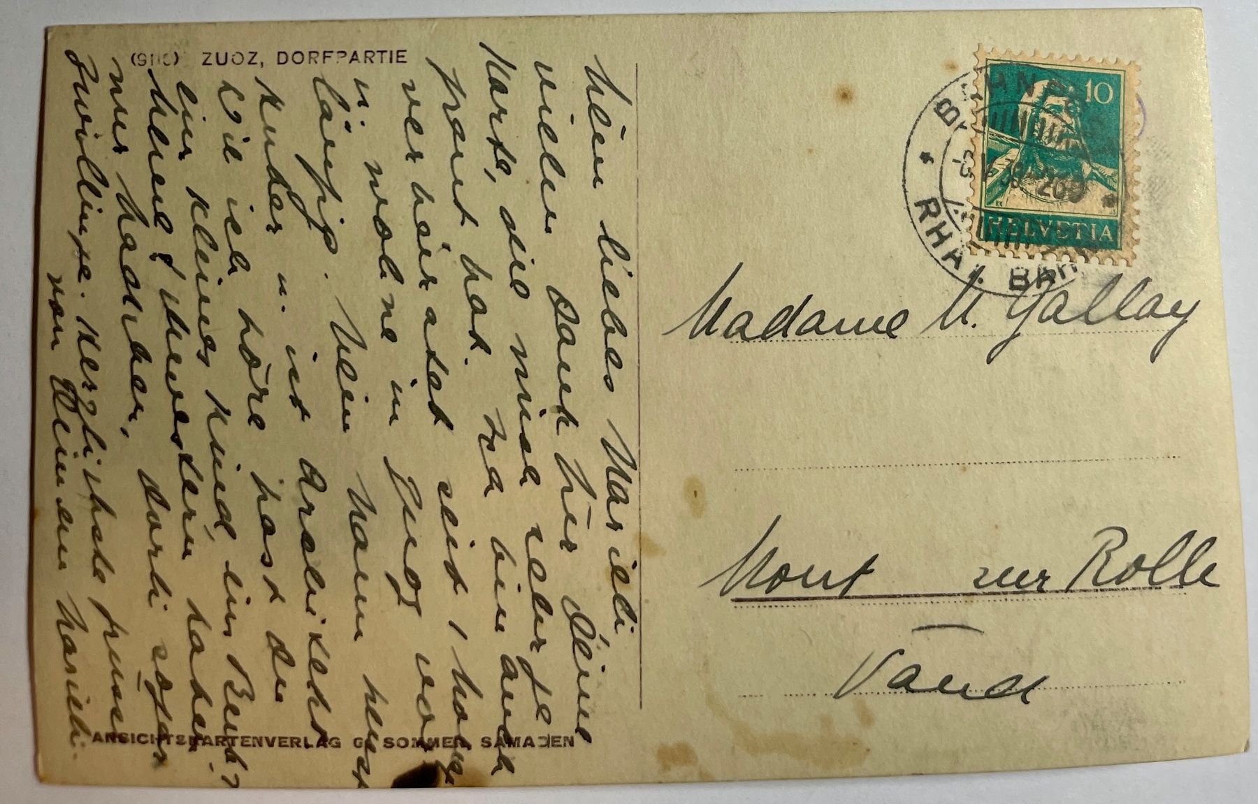 Ansichtskarten: ZUOZ - DORFPARTIE 1930 – Gebraucht aus Lutry von Ediego 1