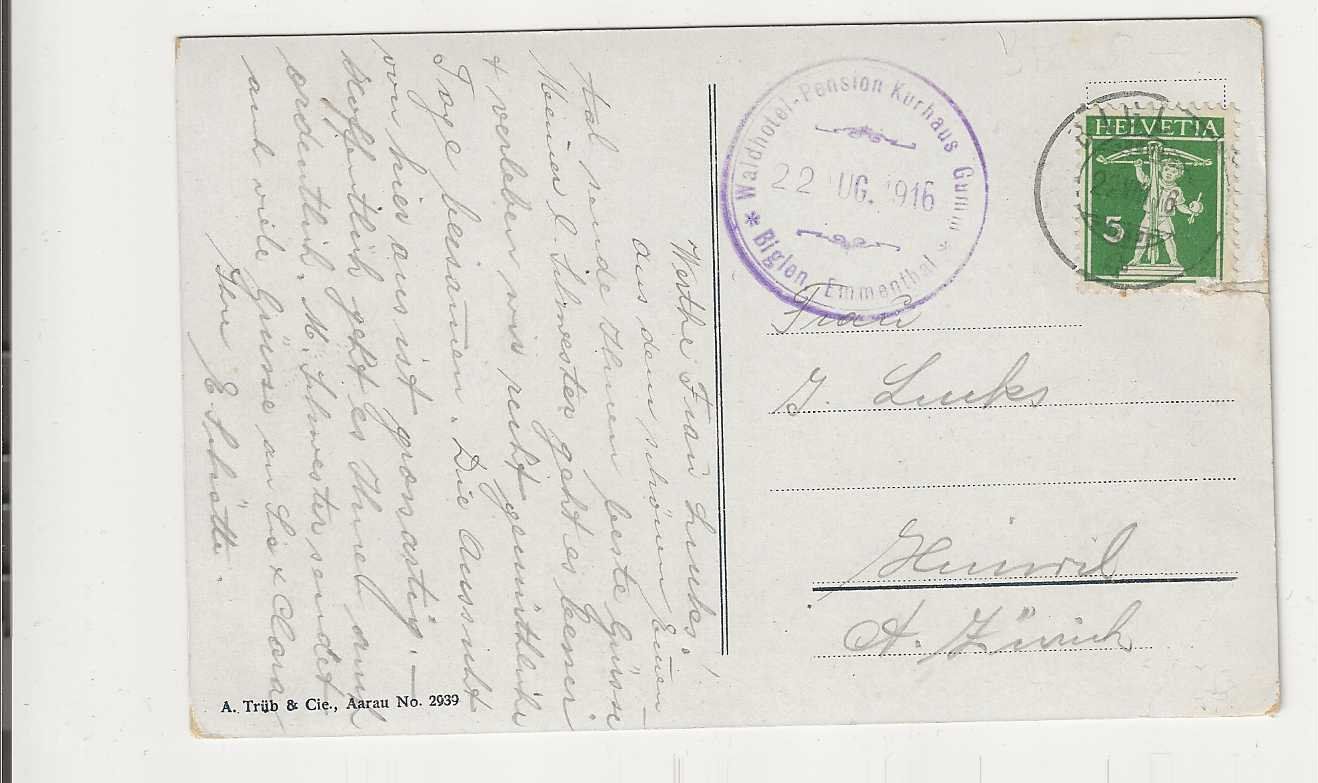 Cartoline postali: Biglen, 1916 – Usato da Spiez venduto da Niesen20 1