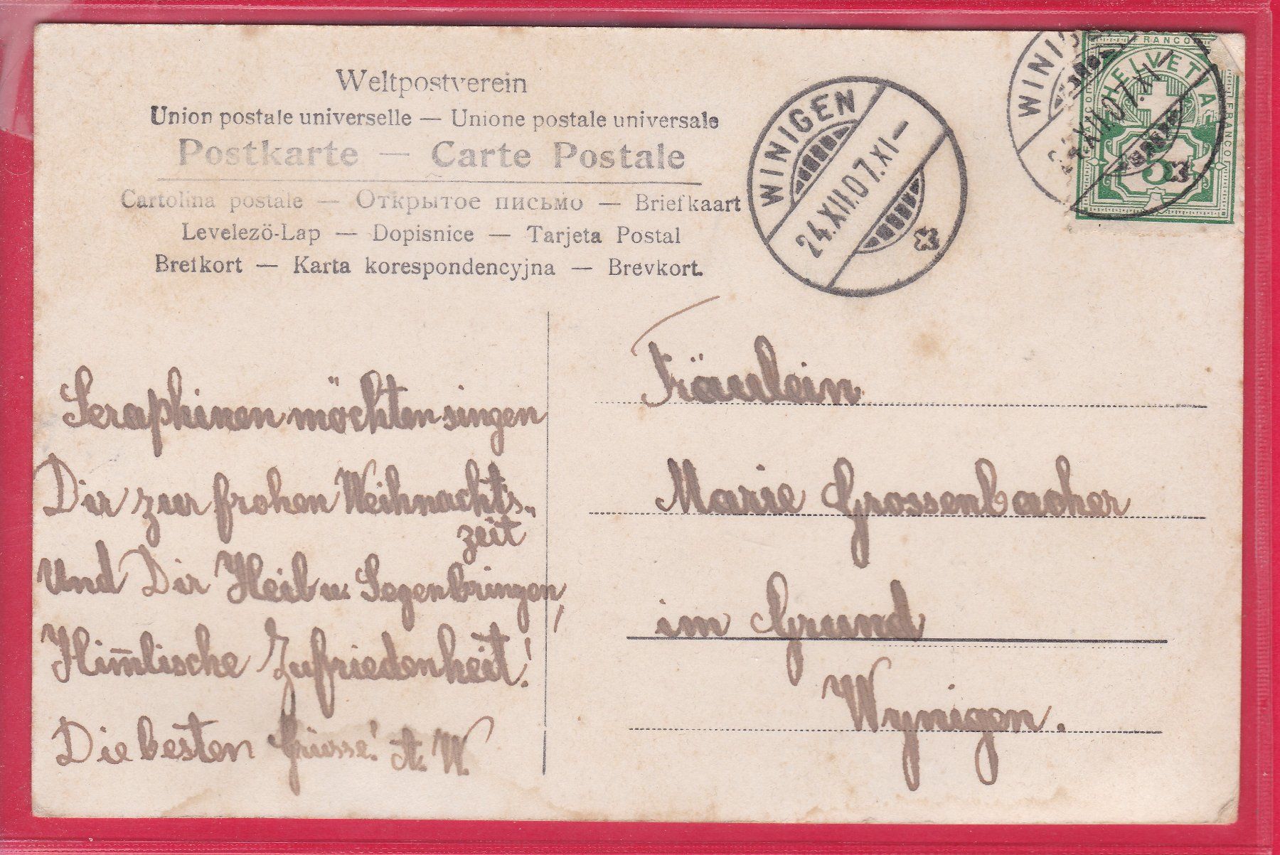 Cartoline postali: ENGEL - WEIHNACHTSKARTE, 24.12.1907 – Usato da Oberrieden venduto da Gebirgsstelze 1