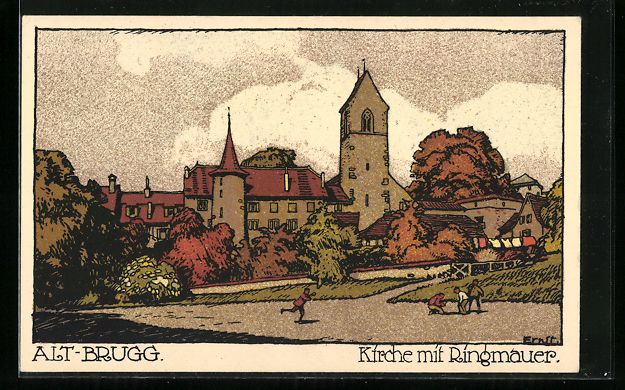 Cartoline postali: Steindruck-AK Alt-Brugg, Kirche mit Ring – Usato da Berlin venduto da bartko-reher