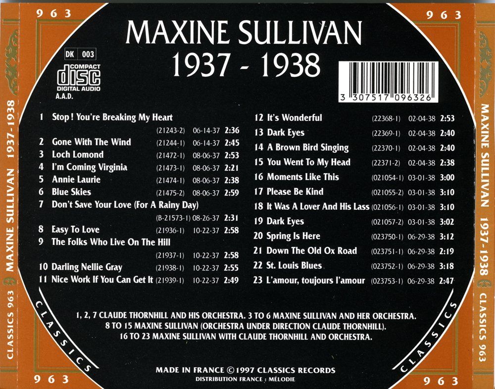 CD: Jazz-CD:  Maxine Sullivan 1937 - 1938  (Classics) – Usato da Hochfelden venduto da mue_lhm9 3