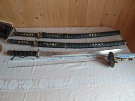 Set 3x Katana Samuraischwerter und 1x Degen Zustand schlecht