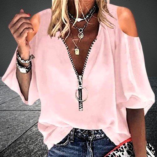 schulterfreie-bluse-mit-zipper-3-4-rmel-rosa-neu-und
