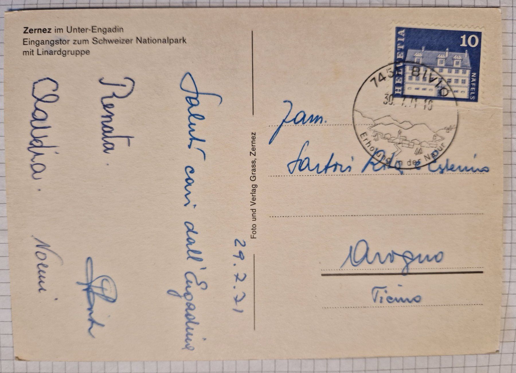 Cartoline postali: Zernez 1971 – Usato da Melchnau venduto da Fishel 1